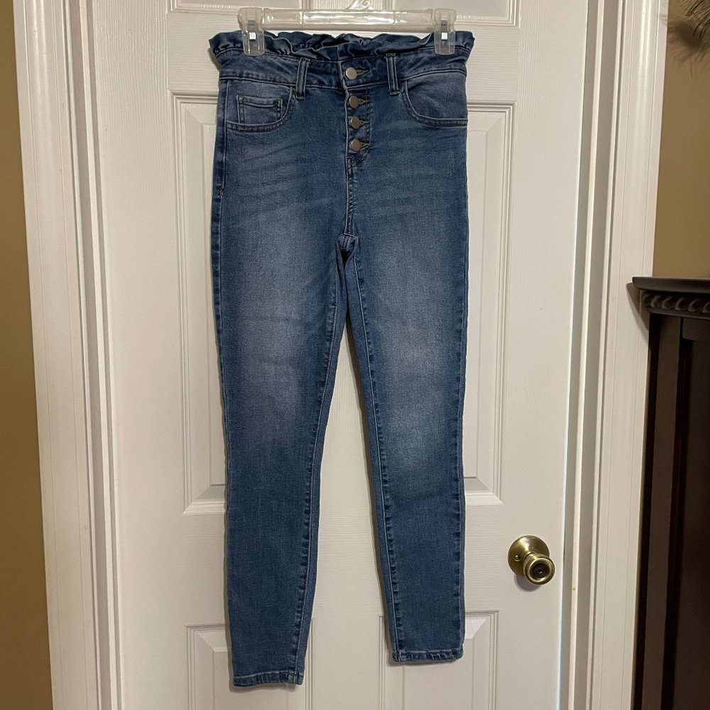Ashley Mason High Waist Button Fly Ruffle Trim Skinny Jeans